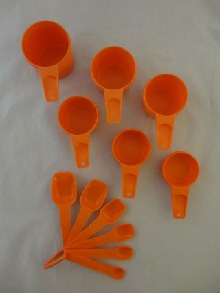 Vintage Stacking Set Of 6 Orange Tupperware Measuring Cups & Spoons