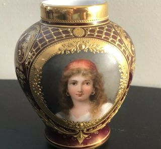 Exceptional Antique Royal Vienna Hand Painted Portrait & Gold Maroon Vase 3.  50”