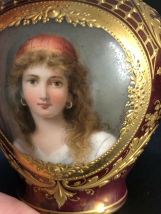 Exceptional Antique Royal Vienna Hand Painted Portrait & Gold Maroon Vase 3.  50” 3