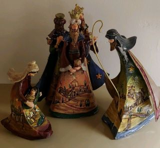 Vintage 3 Piece Metal Painted Tin Nativity Set 3 Wise Men Joseph Mary W Jesus 8 "