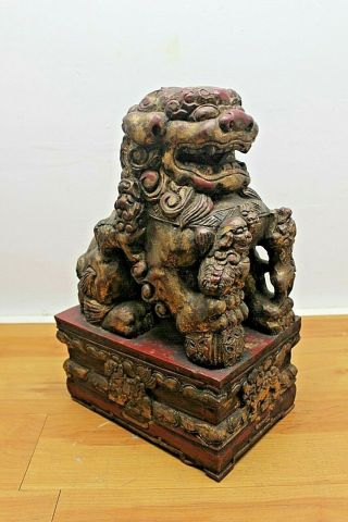 Vintage Wood Carved Asian Temple Lion Foo Dog (1)