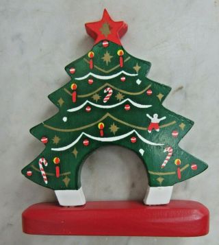 Sweet Set 4 Vintage Wood Hand Painted Christmas Tree Napkin Rings 4 1/4 " High