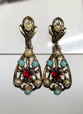 Vintage Florenza? Seed Pearl Turquoise Ruby Rhinestone Dangle Clip Earrings 1.  5”