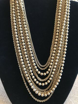 Vintage 11 Strand Costume Gold Tone Chain And Beaded Drape Necklace - Dramatic