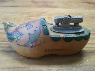 Vintage Holland Wooden Hand Painted Clog Shoe Lighter Uden Windmill 4 1/2 " Long