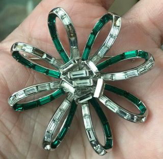 Vintage Trifari Signed Green & Clear Flower Brooch Pin Chrome Silver Tone