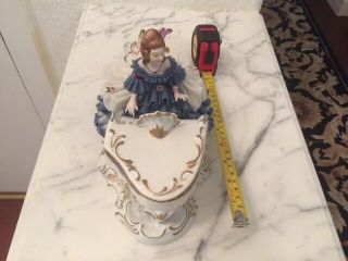 Rare,  Vintage German Dresden Porcelain Laced Lady In Blue Figure Playing Piano