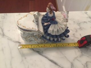 Rare,  Vintage German Dresden Porcelain Laced Lady in Blue Figure Playing Piano 2