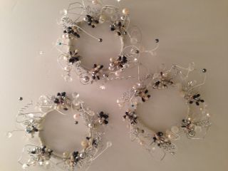Vintage Candle Ring Wreath Jeweled Frosted Crystal White Pearl Wired Silver