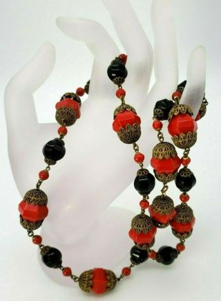 Vintage Red And Black Lucite Necklace - Art Deco - Gold Tone Setting - 26 "