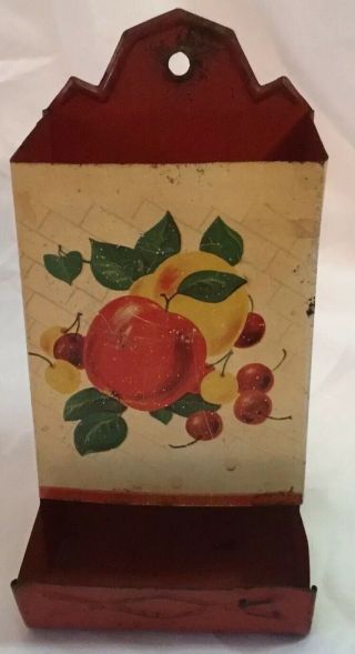 Vintage Metal Match Box Holder Wall - Mount Off White/red With Apples On The Front