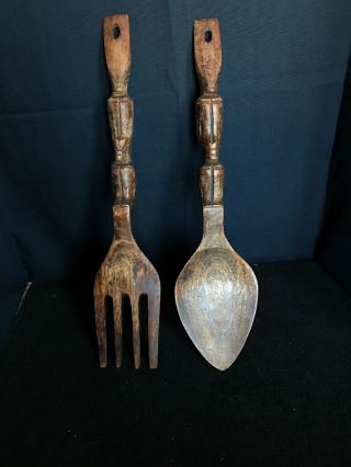 Vintage Hand Carved Large Wooden Fork And Spoon Wall Decor Retro Farmhouse B10