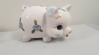 Vintage Made In Japan White With Blue Flowers Pig Piggy Bank