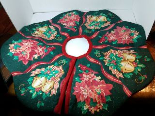 Vintage Handmade 21 " Quilted Christmas Tree Skirt Cardinals & Bells (bin 17)