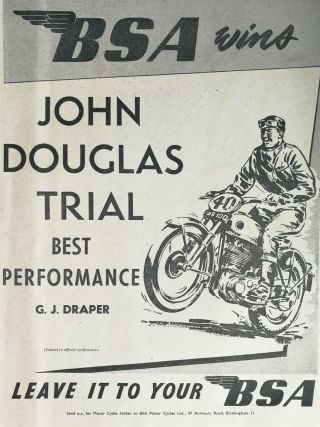 Vintage 1954 Bsa Motorcycle G.  J.  Draper John Douglas Trial Full Page Ad