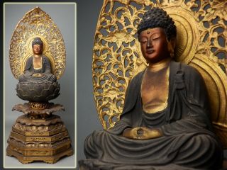 Japanese 45.  6cm 18” Antique Edo Crystal Eyes Buddhist Shaka Nyorai Buddha Statue