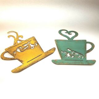 Vintage Coffee Cup And Saucer Metal Wall Hangings Set Of Two Green Yellow