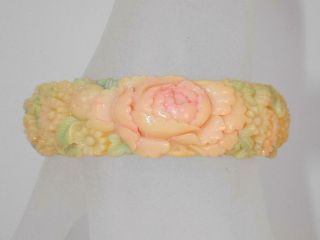 Vintage Pink,  Green Celluloid Bangle Bracelet,  Roses,  Lily Of The Valley Flowers