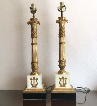 Vintage Florentine Gold Gilt Wood Column Table Lamps Glam 1960s Italy