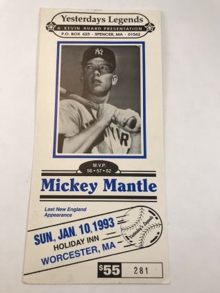 Vintage 1993 Mickey Mantle Autograph Show Ticket Holiday Inn,  Last Appearance