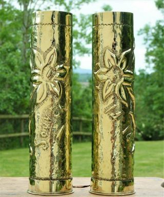 Antique Brass Trench Art Shell Case Vases French Ww1 Era Souvenir 14 18
