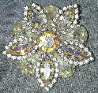 Vintage Art Deco Silver Tone Aurora Borealis Glass Crystal Floral Pin Brooch