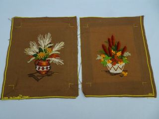 2 Vintage Crewel Embroidery Work Finished Southwestern Native Basket Floral