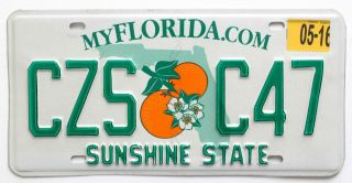 Florida 2016 " Orange Blossom " License Plate,  Czs C47,  Sunshine State