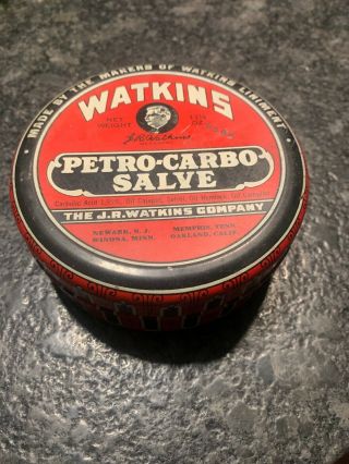 Vintage Watkins Petro - Carbo Salve Metal Tin Round 4 - 1/2 " Partially Full.
