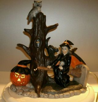 Vintage Halloween Ceramic Lighted Haunted Spooky Tree,  Witch,  & Jack - O - Lantern