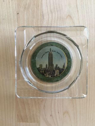 Vtg Empire State Building York Souvenir Glass Ashtray Full Color Felt Bottom
