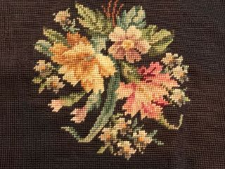 Wonderful Vintage Coffee Brown Needlepoint Floral Design Chair Seat Cover (a)