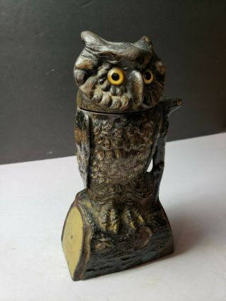 1880s Antique Cast Iron Owl Turns Head Mechanical Bank By J & E Stevens Org Pain