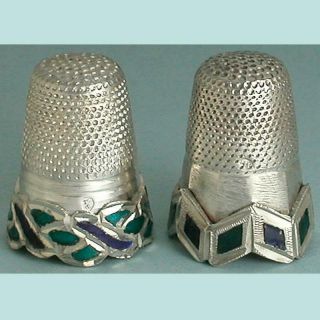 2 Vintage Sterling Silver & Enameled Thimbles Mid 20th Century