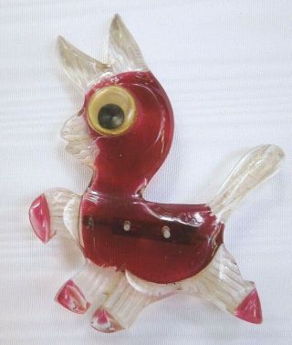 Vtg 40s Reverse Carved Lucite Google Eye Cranberry Whimsicl Donkey Pin Brooch 3 "