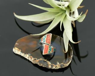 Vtg Sterling Silver Navajo Coral & Turquoise Chip Inlay Wrap Bypass Ring Sz 8.  5
