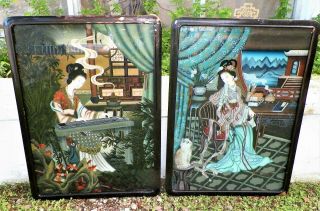 2 Mid Century / Vintage Chinese Reverse Paintings On Glass Framed