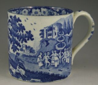 Antique Pottery Pearlware Blue Transfer Rural Maypole Pattern Mug 1825