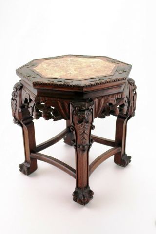 Chinese Carved Rosewood Occasion Table Marble Top Plant Stand 18.  89 Inch E/0105