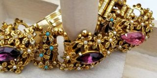 Vintage Goldtone Purple Pink Blue Glass Bead Floral Book Chain Link Bracelet