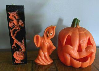 3 Vintage Halloween Gurley Candles Witch Owl In Relief Ghost Hollow Pumpkin