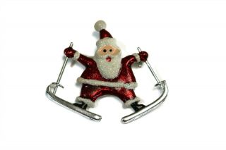 Danecraft - Vintage Santa Claus On Skis Glitter Silver Tone Brooch Pin