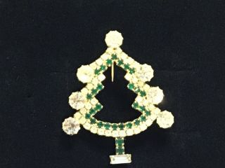 Vintage Prong Set Rhinestone Gold Tone Christmas Holiday Tree Brooch Pin