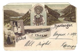 Norway 1898 Antique Postcard Hilsen Fra Hardanger Folk View (to Usa) Stamp