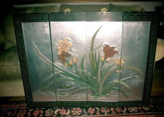 Antique Set Of 4 Chinese Lacquered & Overlayed Wood Wall Panels Picture Signed