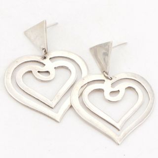 Vtg Sterling Silver - Mexico Taxco Heart Love Dangle Post Earrings - 21g