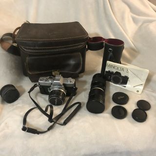 Minolta Srt 101 Camera With 3 Lens And Case 35mm Covers Straps Vintage Antique