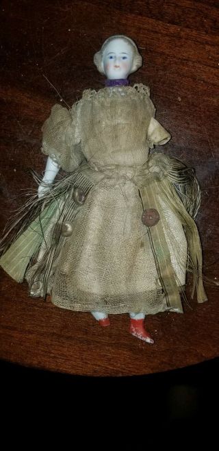 Antique Parian Bisque Dollhouse Doll Hairband Great Hair Orig Clothes 5 1/8 "
