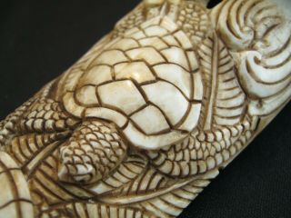 Unusual Hand Carved Oceanographic Scrimshaw Statue Of Sea Turtles Buffalo Bone
