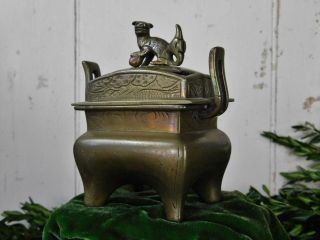 Antique Chinese Gilt Bronze Foo Dog Lion Censer Incense Burner